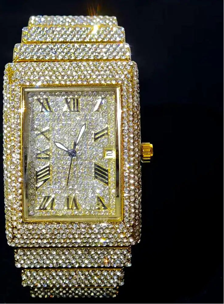Luxury Gold Ice Watch for men by MC THE BLACK DIAMOND featuring a diamond-encrusted rectangular quartz design.