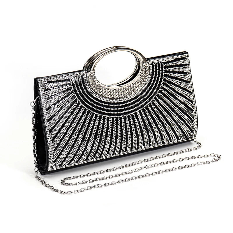 Elegant rhinestone sequin women's clutch bag with chain, featuring sparkling diamonds, perfect for wedding and evening parties.