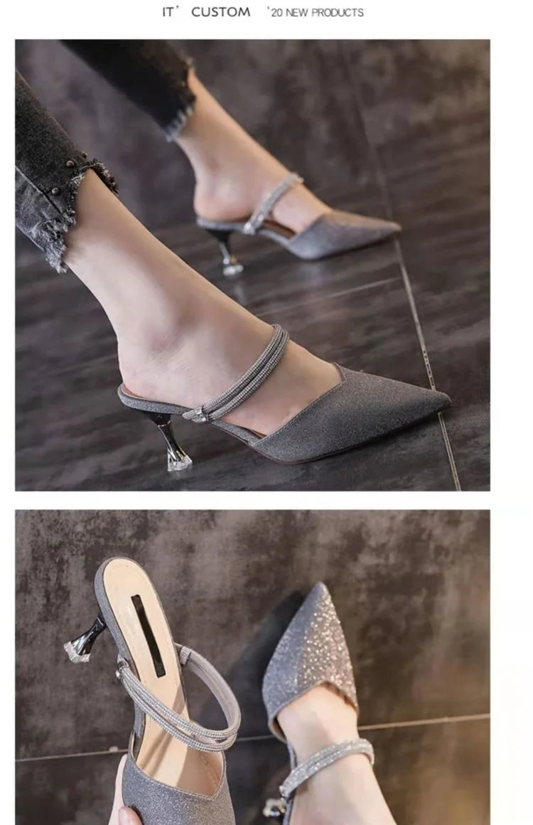 Women's Faionable F slip-on heels with thin square heels, blue fairy-like design, high-end PU material, two-way wear fashion shoes.