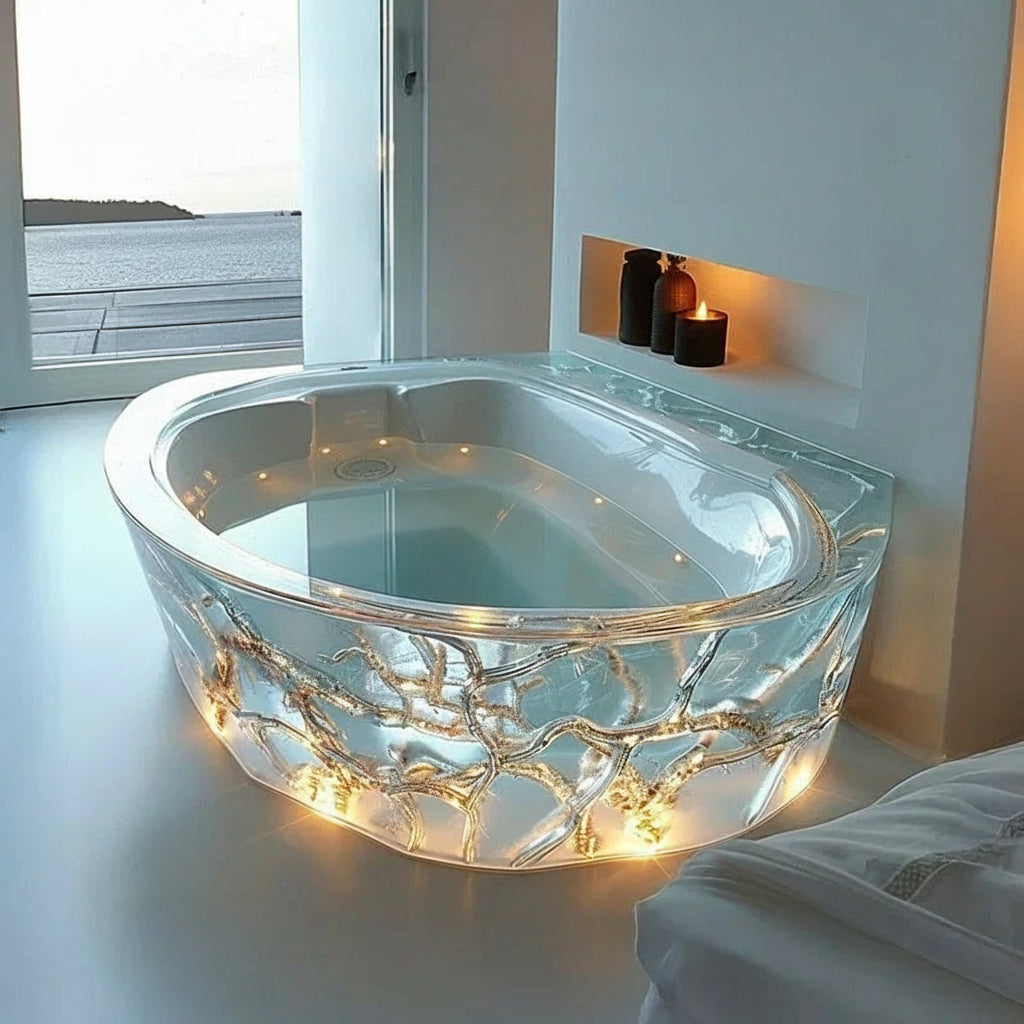 Transparent AI concept freestanding bathtub by MC THE BLACK DIAMOND with a crystal and resin design, ideal for modern bathrooms.