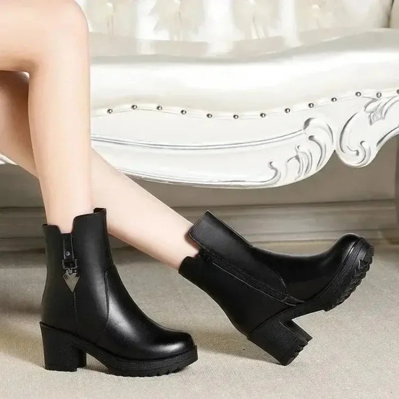 Luxury winter women's leather boots by Mohammad Collection featuring high heels and a casual, fashionable design.