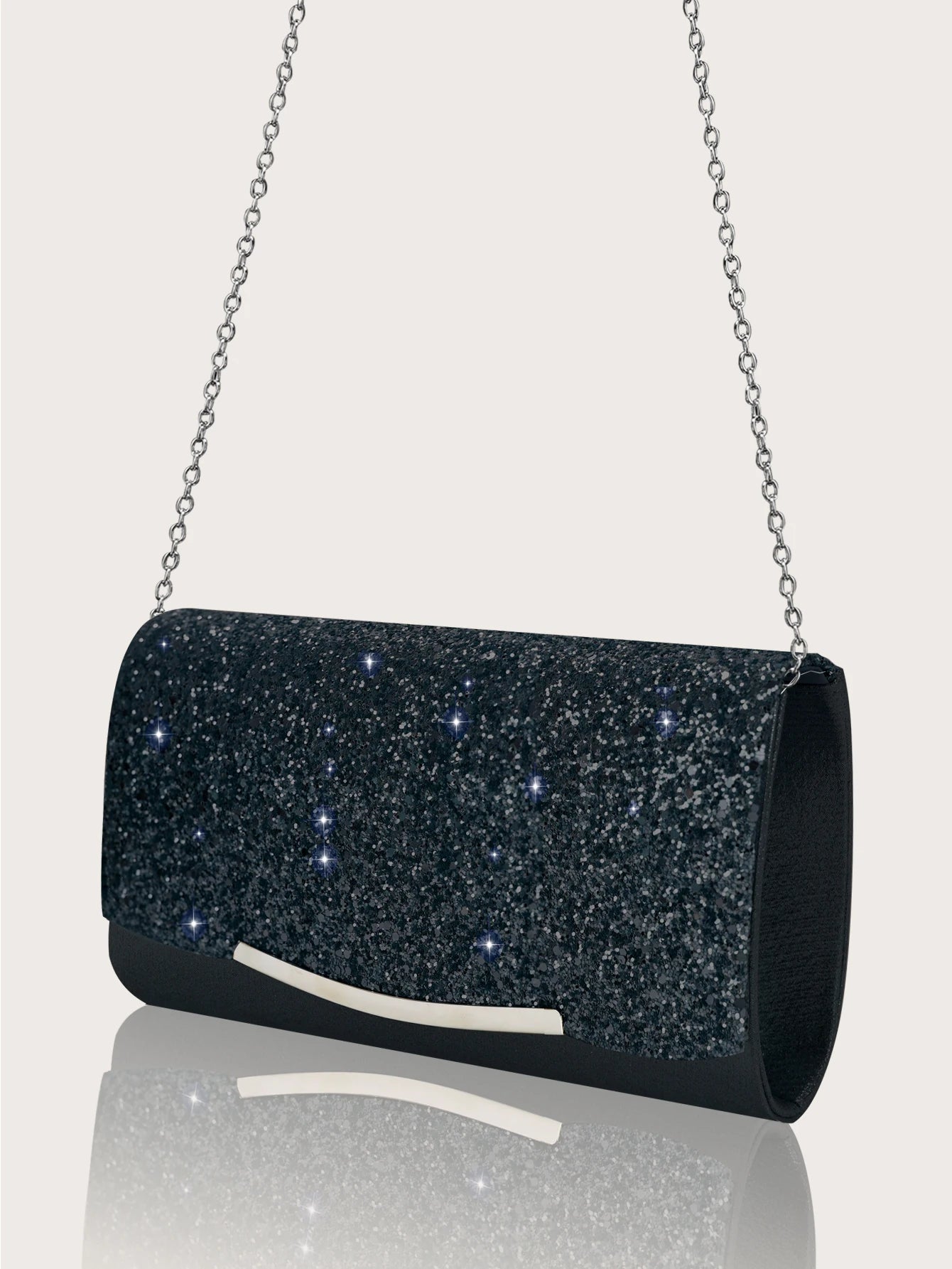MC THE BLACK DIAMOND sequined women's hand bag with rhinestone jewelry set including necklace, earrings, and bracelet.