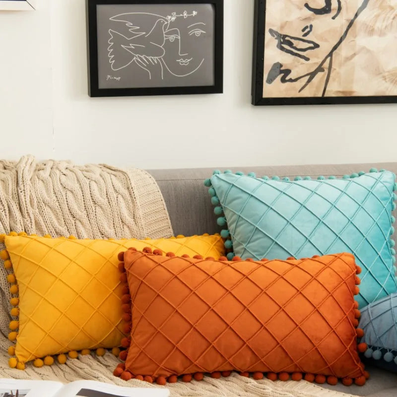 Yellow orange velvet lumbar pillow cover with diamond stripe pattern, pompom tassels, suitable for 30x50cm or 45x45cm home decor.