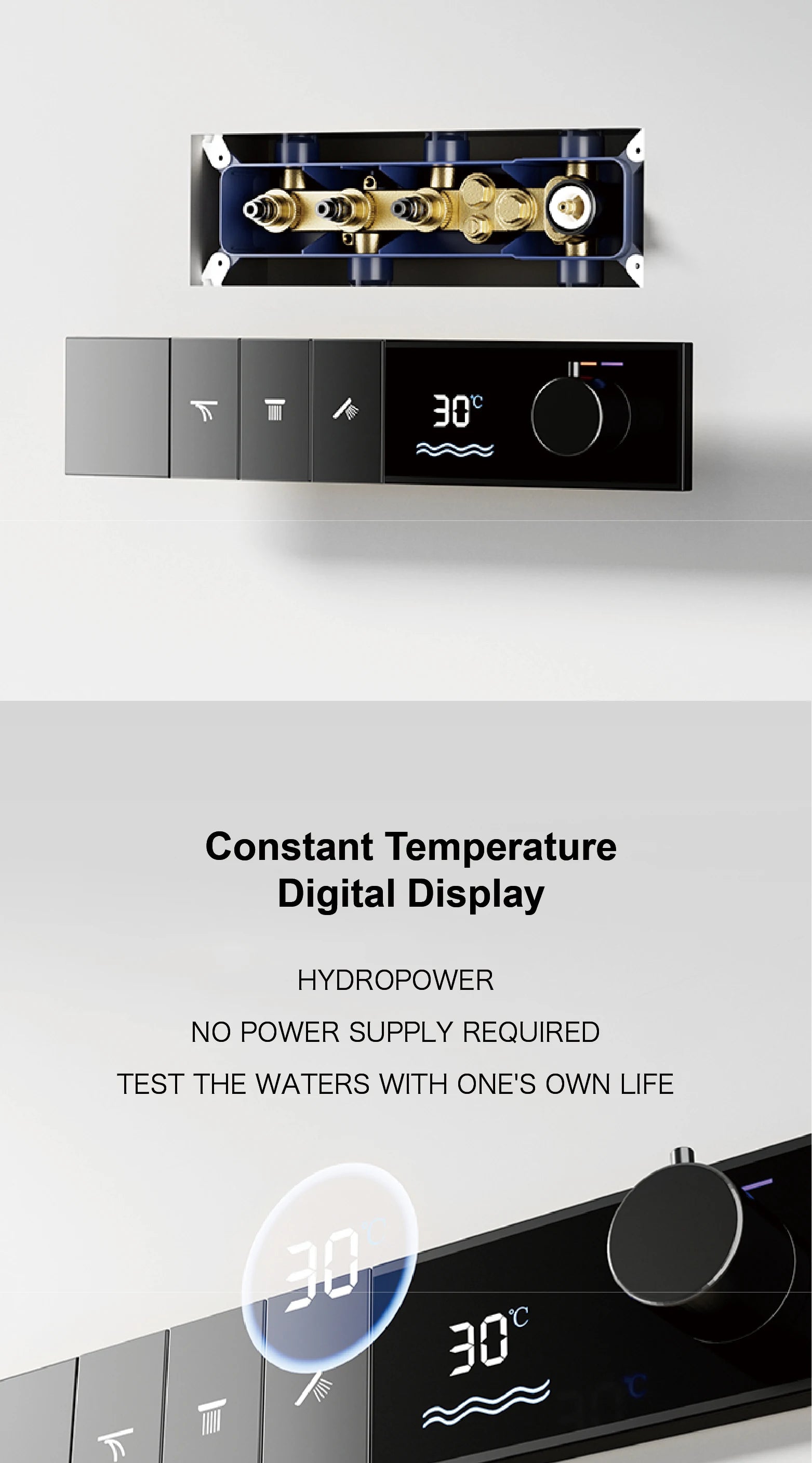 Luxury brass grey shower system with LED digital display, 3 spray modes, ceiling-embedded waterfall outlet, bath mixer from 𝕄𝕔 𝕋𝕙𝕖 𝔹𝕝𝕒𝕔𝕜 �