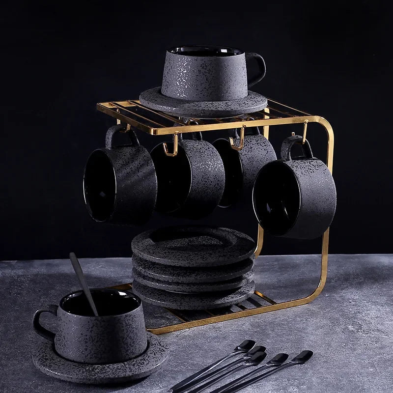 High-grade frosted ceramic coffee cup and saucer set with black spoon and cup holder by 𝕄𝕮 𝕋𝕙𝕖 𝔹𝕝𝕒𝕔𝕜 𝔻𝕚�