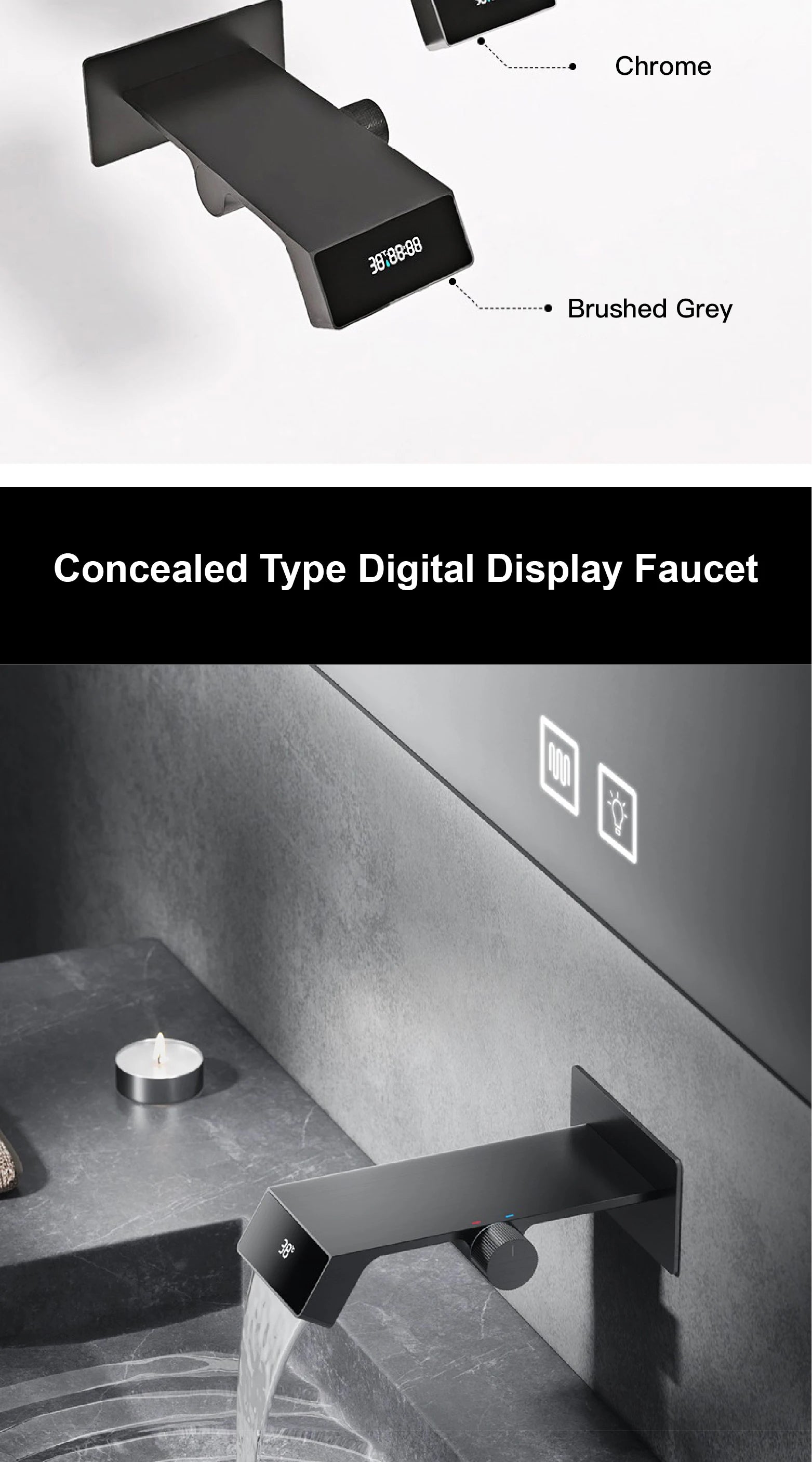 Luxury gray brass bathroom faucet with LED digital display by MC THE BLACK DIAMOND, showcasing modern home decor design.