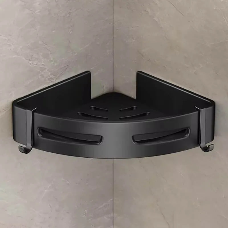 Black metal bathroom triangle shower caddy for bathroom storage, featuring multiple tiers and hooks for organizing toiletries.