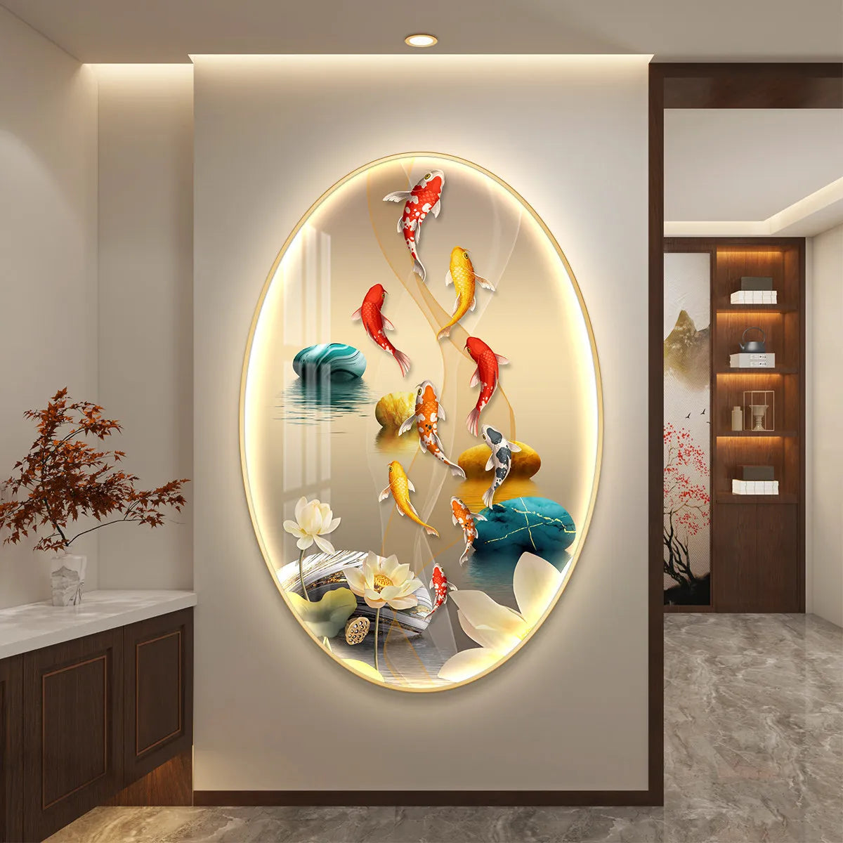 Light luxury wall art poster featuring nine fish with luminous LED lighting, perfect for high-end living room or corridor decor.