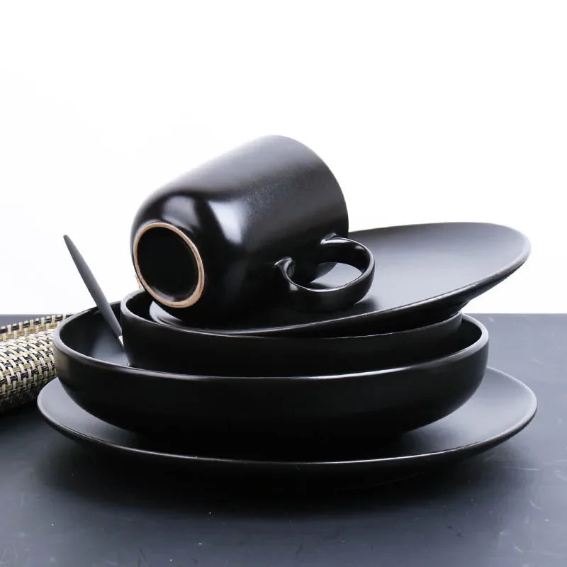 Black ceramic breakfast milk cup and deep soup plate set from 𝕄𝕮 𝕋𝕙𝕖 𝔹𝕝𝕒𝕔𝕜 𝔻𝕚𝕒𝕞𝕠