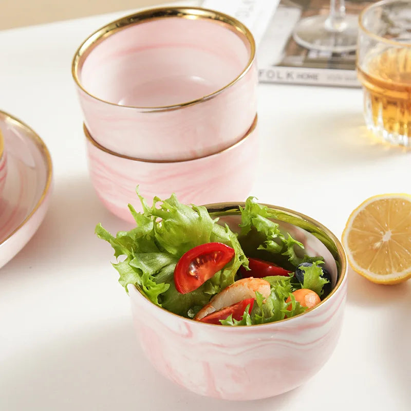 Pink gilded marble porcelain dinner plate and bowl set with spoon from MC THE BLACK DIAMOND, featuring elegant ceramic kitchen tableware.