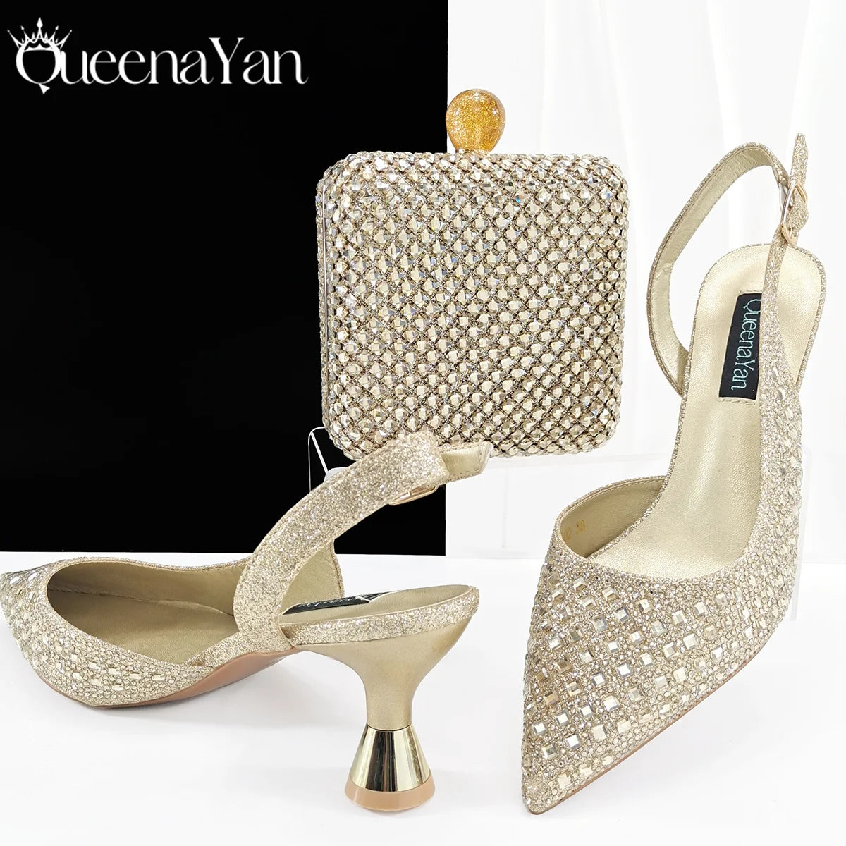 Green pointed toe shoe and matching clutch bag from Queena Yan Italian design luxury collection, embellished with rhinestones.