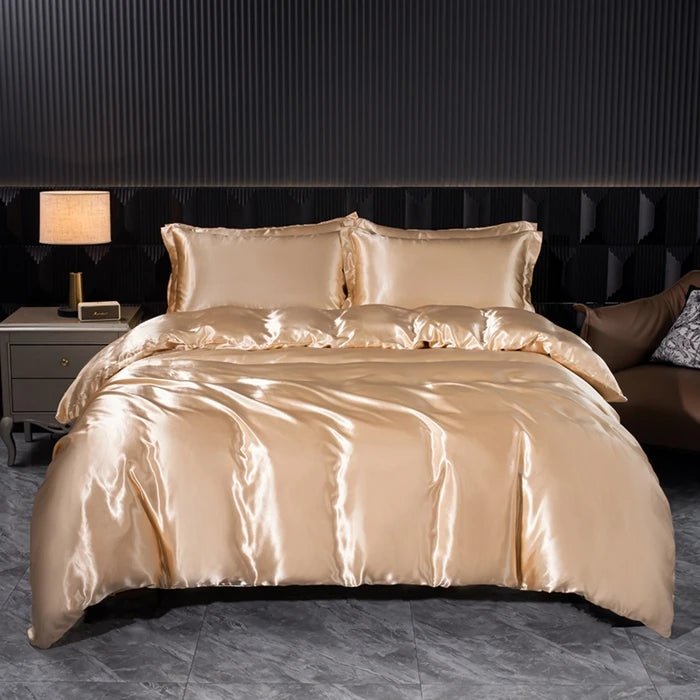 Luxury solid silk bedding set featuring duvet cover, bedsheet, and pillowcases from 𝕄𝕔 𝕋𝕙𝕖 𝔹𝕝𝕒𝕔𝕜 𝔻𝕚𝕒�