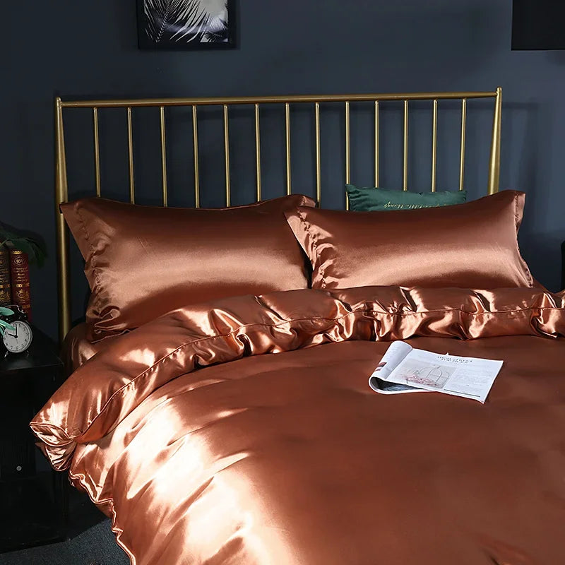 Luxury silk bedding set with duvet cover, fitted and flat sheets, and pillowcases in solid color, King size from 𝕄𝕔 𝕋𝕙𝕖 𝔹𝕝𝕒𝕔𝕜 𝔻
