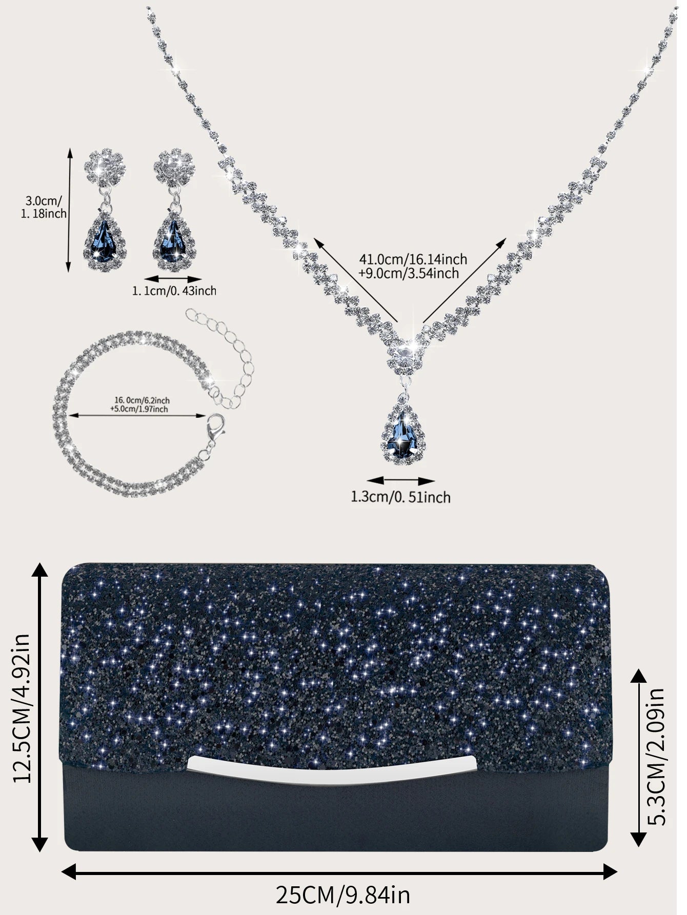 Sequin women's hand bag by MC THE BLACK DIAMOND paired with rhinestone necklace, earrings, and bracelet set for elegant evening look.