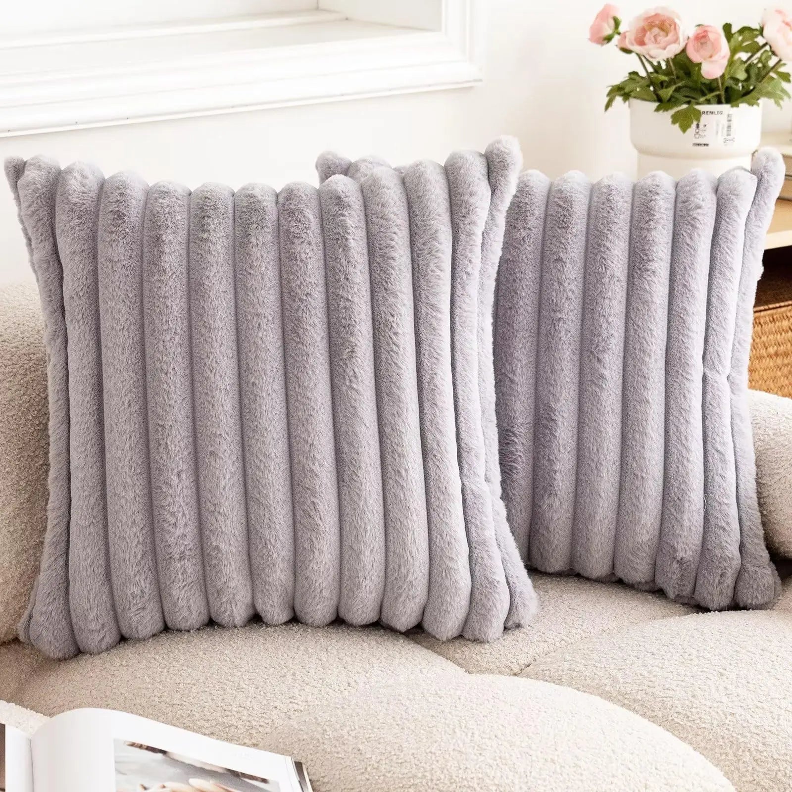 Soft, thick faux rabbit fur square cushion cover by MC THE BLACK DIAMOND, 24x24 inch, solid color with striped design for sofa decor