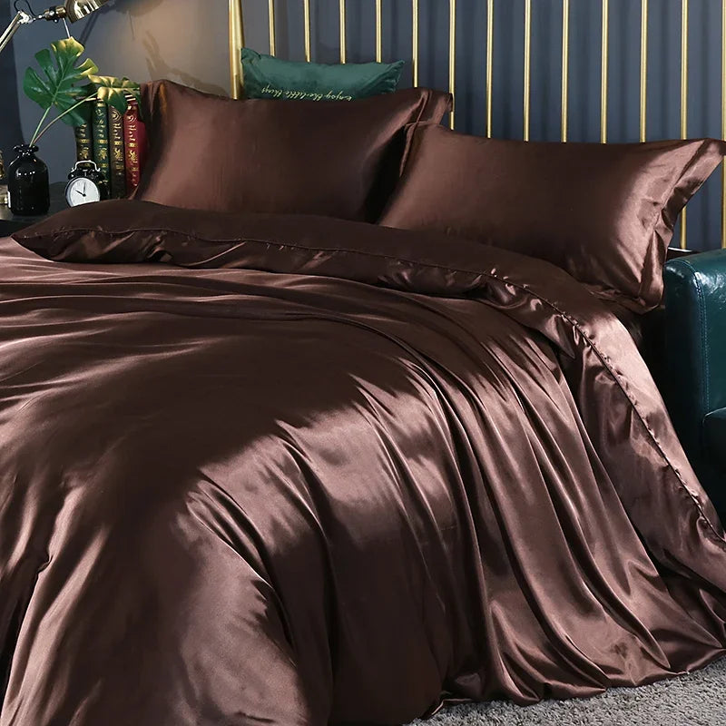 Luxury silk bedsheet set with duvet cover, fitted sheet, flat sheet, and pillowcases in solid color from 𝕄𝕔 𝕋𝕙𝕖 𝔹𝕝𝕒𝕔𝕜 𝔻�