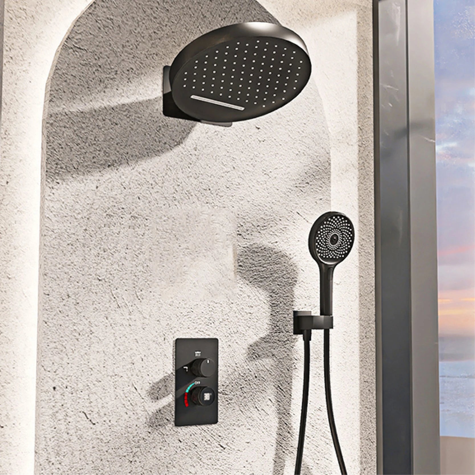Luxury MC THE BLACK DIAMOND black shower system with wall-mounted design, LED digital display, and dual hot and cold control for baths.