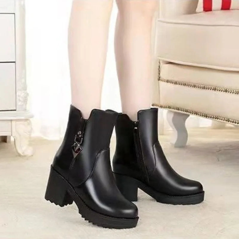 Luxury winter women's leather boots with high heels, casual style, from Mohammad Collection, showcasing a sleek black design.