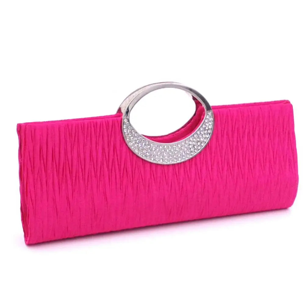 Luxury satin evening clutch bag for women with rhinestones, pleated design, perfect for parties and special occasions.