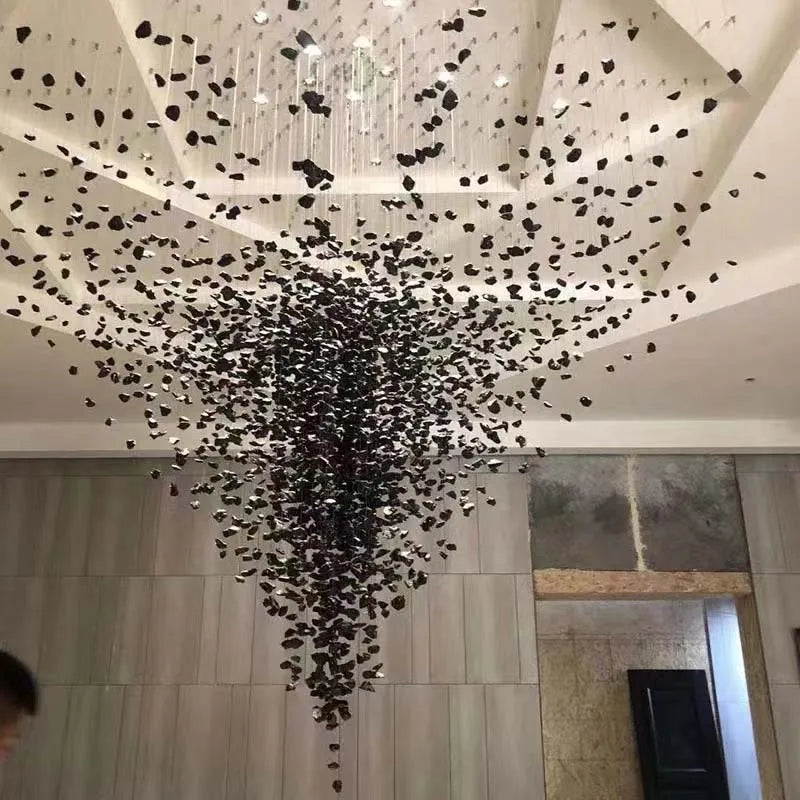 Black Art Luxury Stone Crystal Chandelier by MC THE BLACK DIAMOND, modern LED hanging lamp with crystal accents for staircase or hallway lighting.
