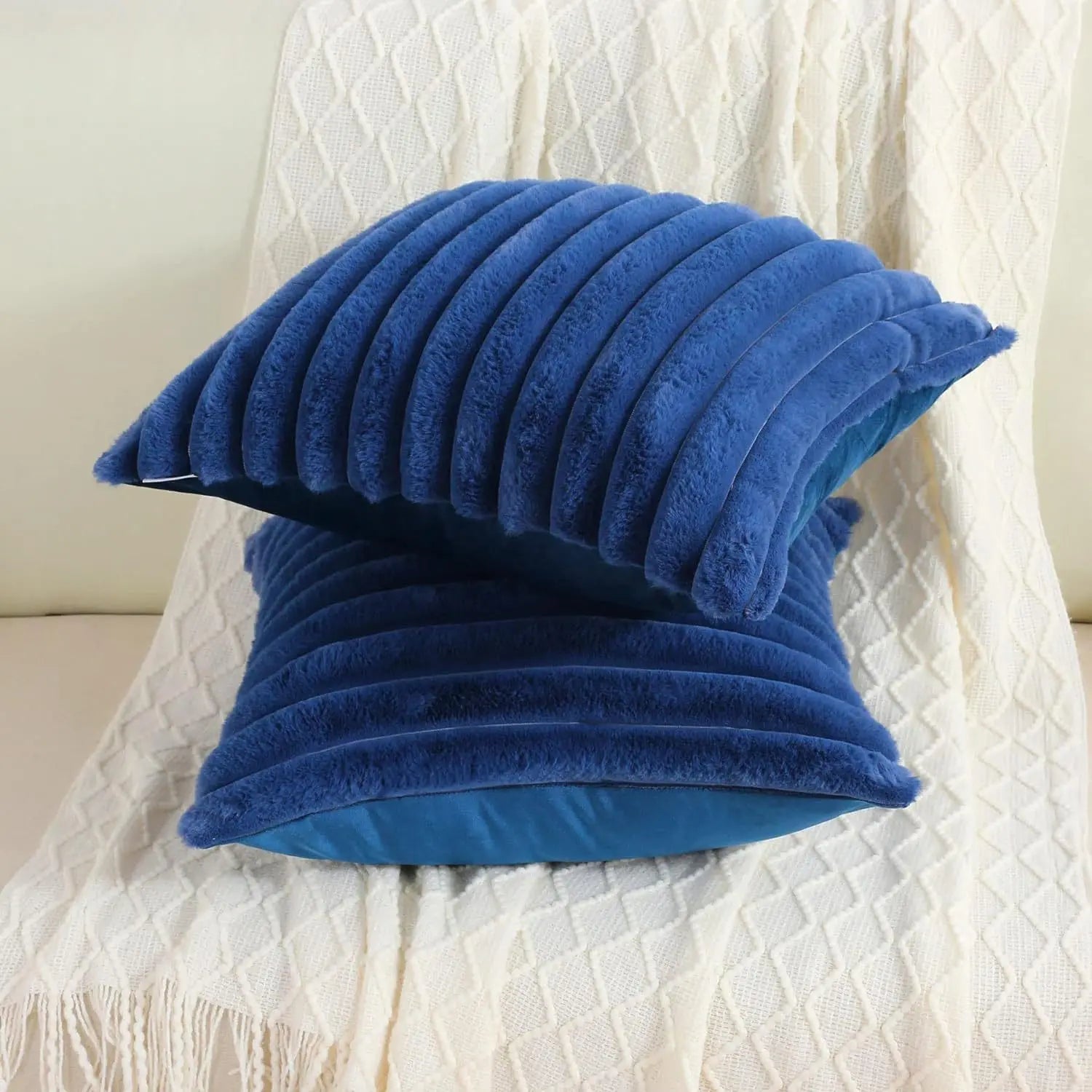 Soft, thick faux rabbit fur square cushion cover with bold stripes in solid color, 24x24 inches, perfect for sofa decor.
