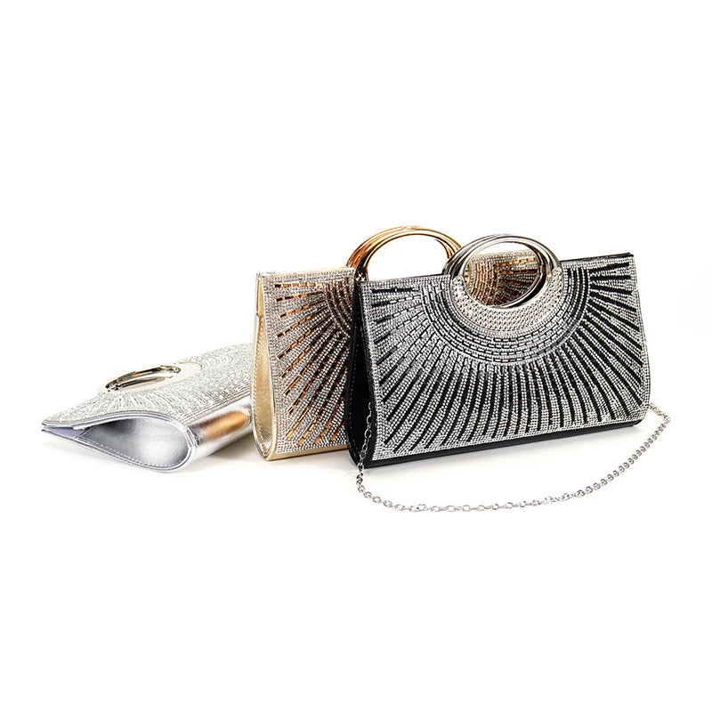 Elegant women's rhinestone sequin evening clutch bag with chain, luxury diamond design for wedding and party occasions.