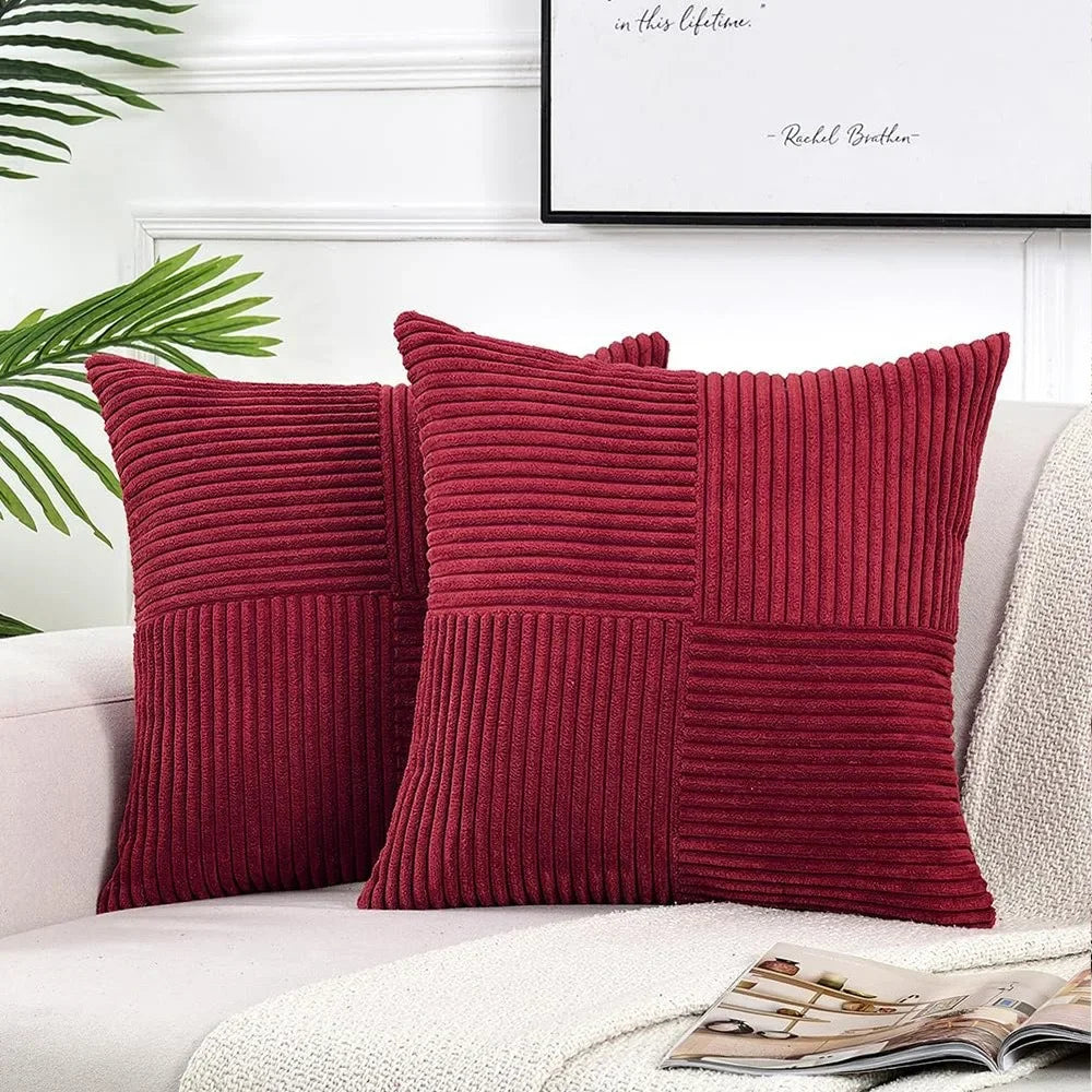 Mustard yellow corduroy pillow cover with boho spliced patchwork design, soft textured cushion case for cozy couch decor.