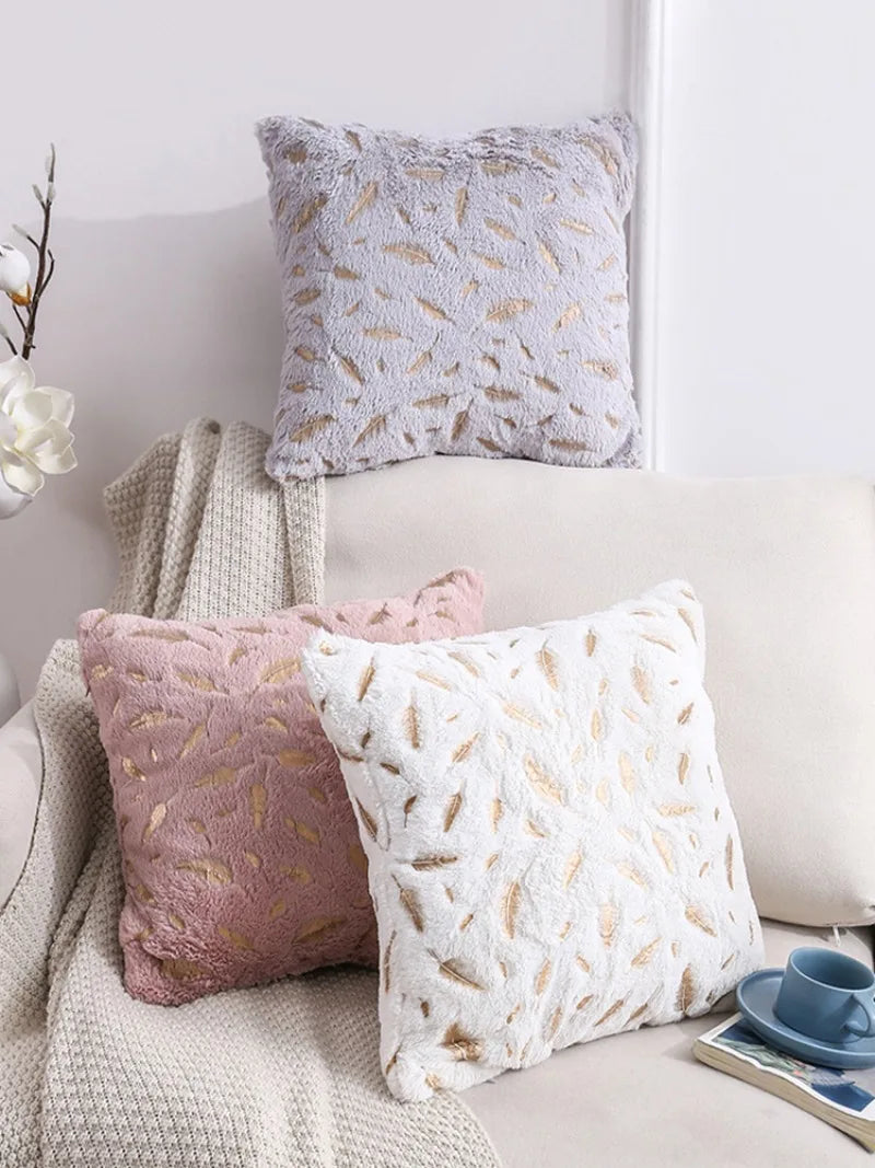 Gold feather velvet pillow cover with decorative plush design for sofa or car, 45x45 cm, by 𝕄𝕔 𝕋𝕙𝕖 𝔹𝕝𝕒𝕔𝕜 𝔻�