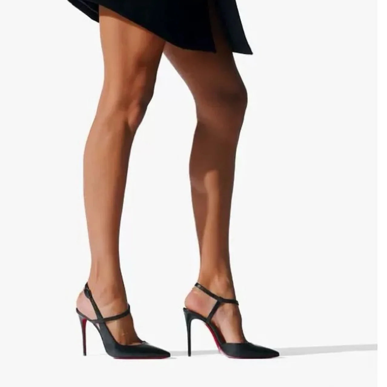 Black leather women's stiletto sandals with pointed toes, red soles, one strap, and high heels by 𝕄𝕮 𝕋𝕙𝕖 𝔹𝕝𝕒𝕔𝕜 𝔻�
