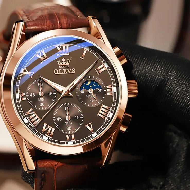 Mohammad Collection OLEVS Moon Phase men's quartz watch with leather strap, chronograph, luminous dial, and date display.
