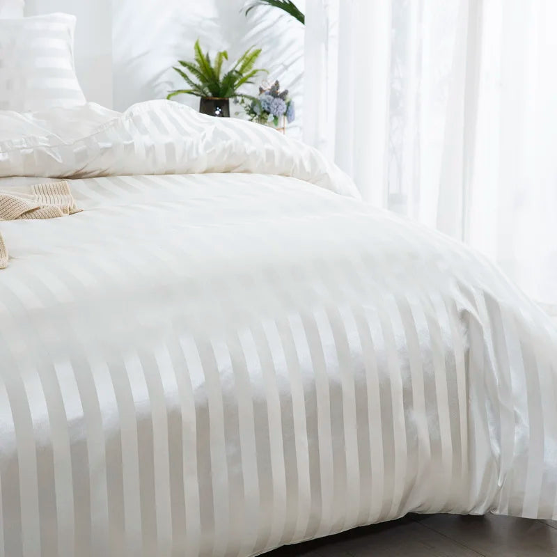 Luxury satin striped duvet cover set in ivory white from MC The Black Diamonds, showcasing silky smooth bedding for full, queen, king sizes.