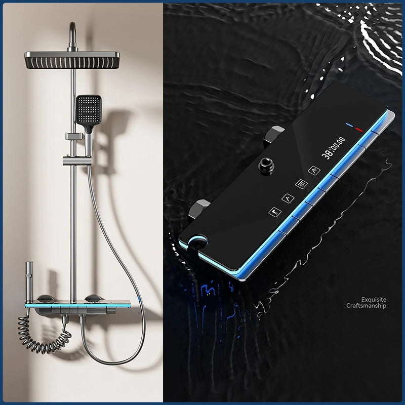 Grey four-mode intelligent digital bathroom shower system with temperature display and rainfall showerhead by 𝕄𝕔 𝕋𝕙𝕖 𝔹𝕝𝕒𝕔𝕜 𝔻𝕚𝕒�