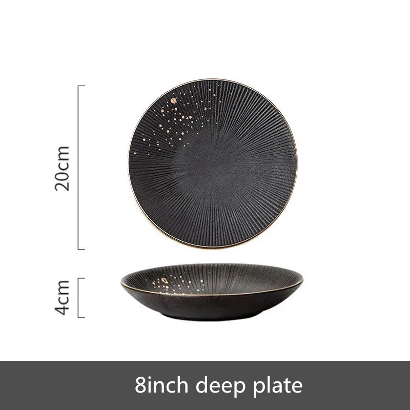 Black porcelain dinner plates with gilt rim, featuring a smooth surface and elegant design, part of ๐๐ ๐๐๐ ๐น๐๐๐๐ ๐ป๐๏ฟฝ