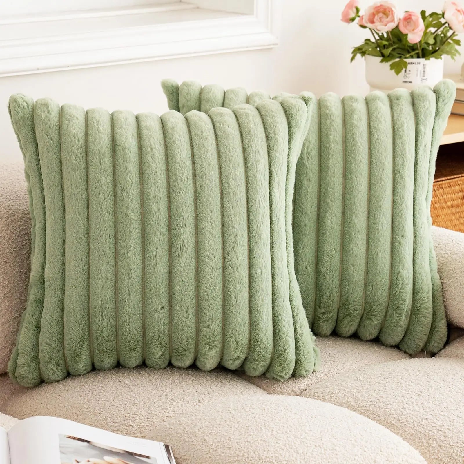 Big thick striped faux rabbit fur square cushion cover, 24x24 inches, soft solid color pillow cover for sofa decor.