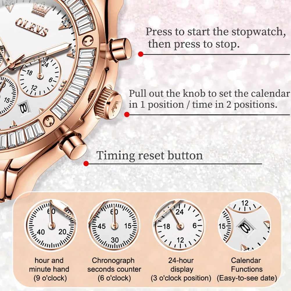 OLEVS women's fashion watch with leather strap, diamond bezel, waterproof quartz movement, and chronograph features.