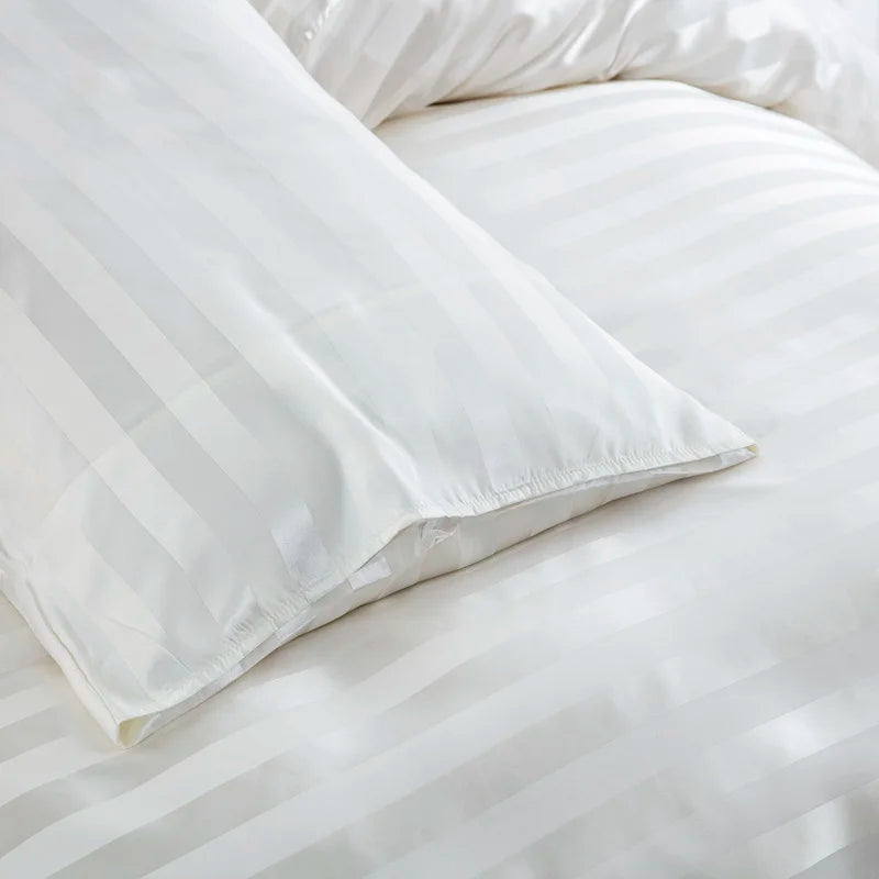 Luxury satin striped duvet cover set in ivory white, featuring silky smooth fabric for full, queen, king, single, or double beds.