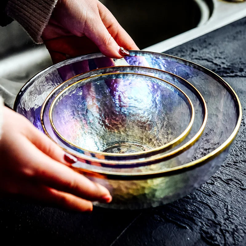 Rainbow glass dinner plates and salad bowls with gilt rim, clear dessert serving dishes by ๐๐ ๐๐๐ ๐น๐๐๐๐ ๐ป๐๐๏ฟฝ