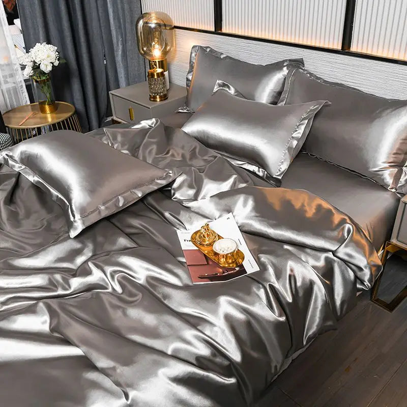 Luxurious MC THE BLACK DIAMOND Nordic satin silk bedding set with duvet cover, bed sheet, and pillowcases in elegant solid design.