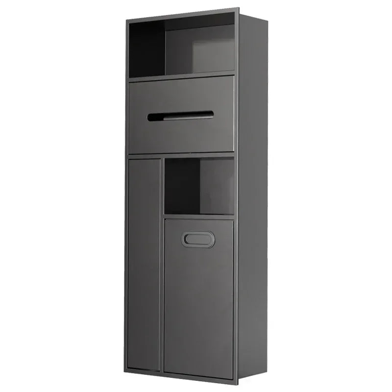 Stainless steel bathroom trash can and tissue storage rack embedded in niche, by MC THE BLACK DIAMOND, with cabinet finish.
