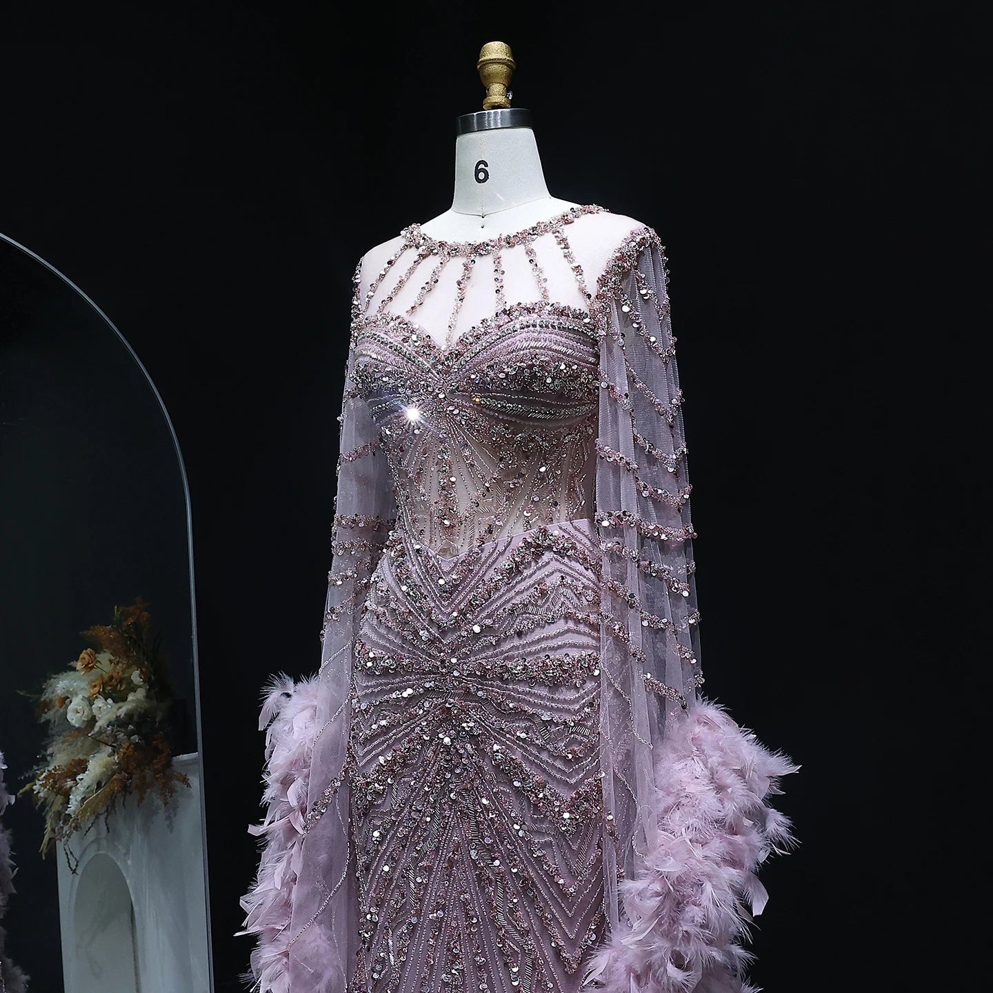 MC THE BLACK DIAMOND caramel beaded mermaid evening dress with feather cape sleeves for formal weddings and parties.
