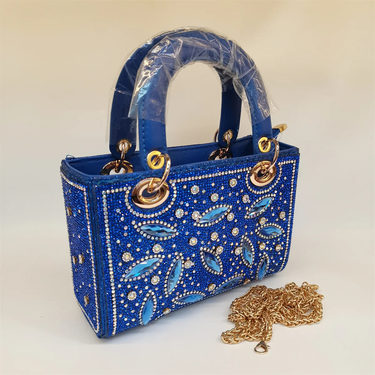 MC THE BLACK DIAMOND rhinestone evening handbag with long chain, embellished clutch, casual style for women.