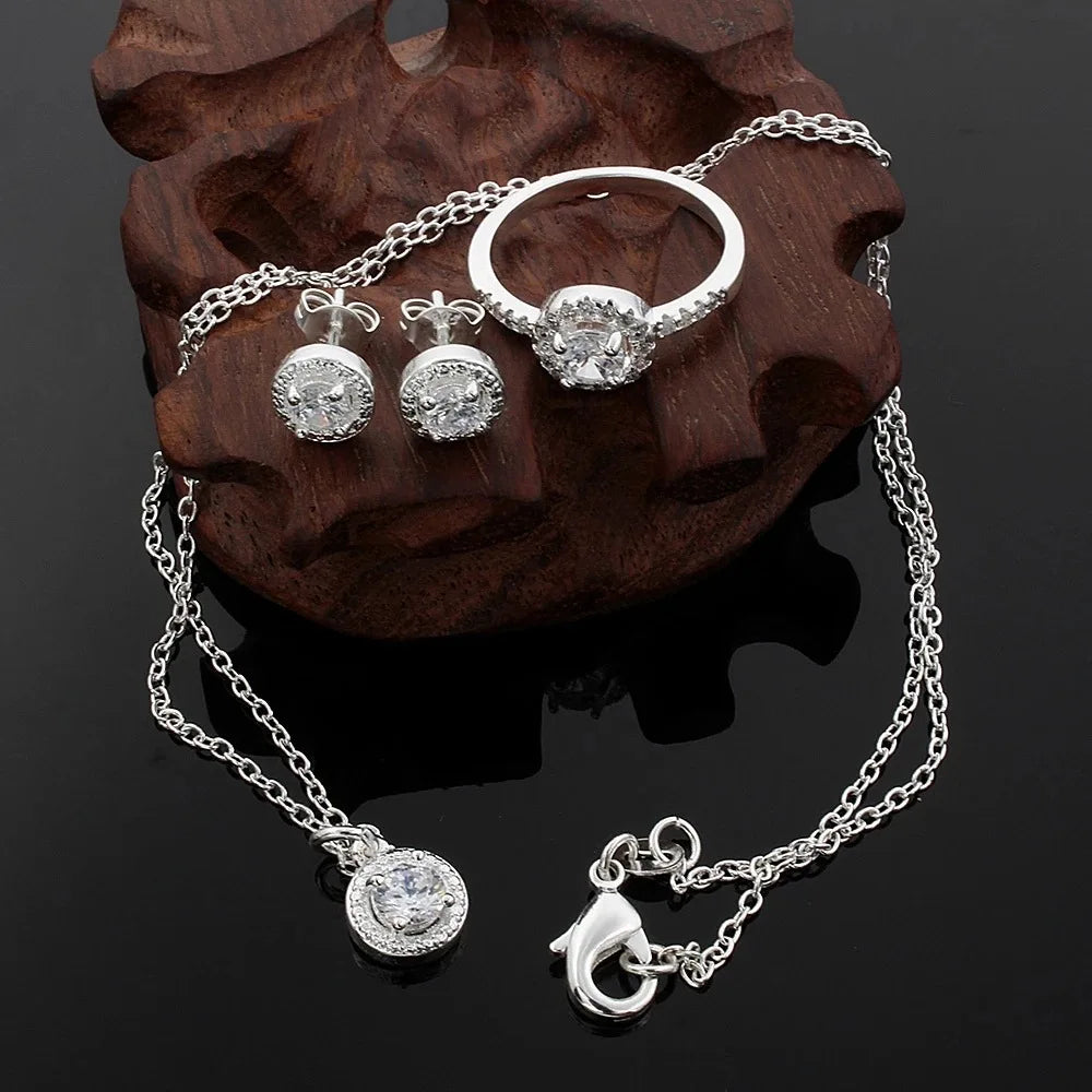 Zircon crystal silver jewelry set including necklace, ring, and earrings with sparkling stones, by 𝕄𝕔 𝕋𝕙𝕖 𝔹𝕝𝕒𝕔𝕜 𝔻𝕚�
