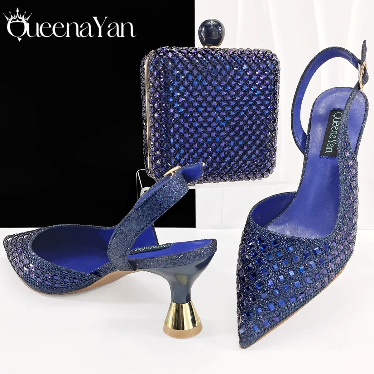 Queena Yan Italian design green rhinestone pointed toe high heel shoes and matching bag set for women, perfect for parties.