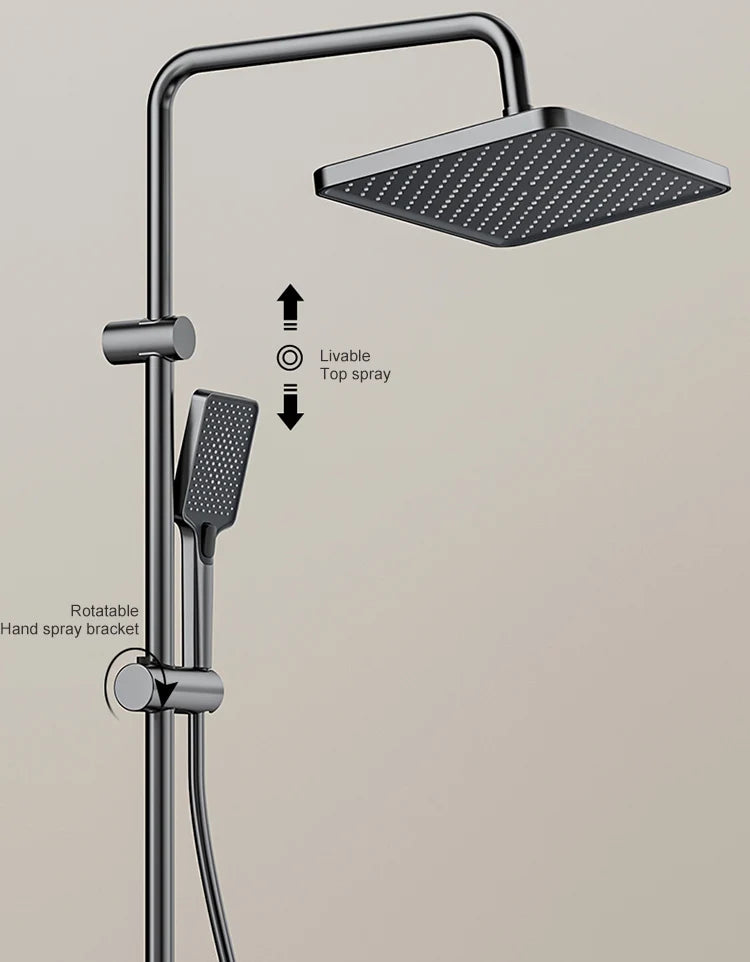 Grey MC THE BLACK DIAMOND piano button ambient light shower column with digital display, rain faucets, and shower head.