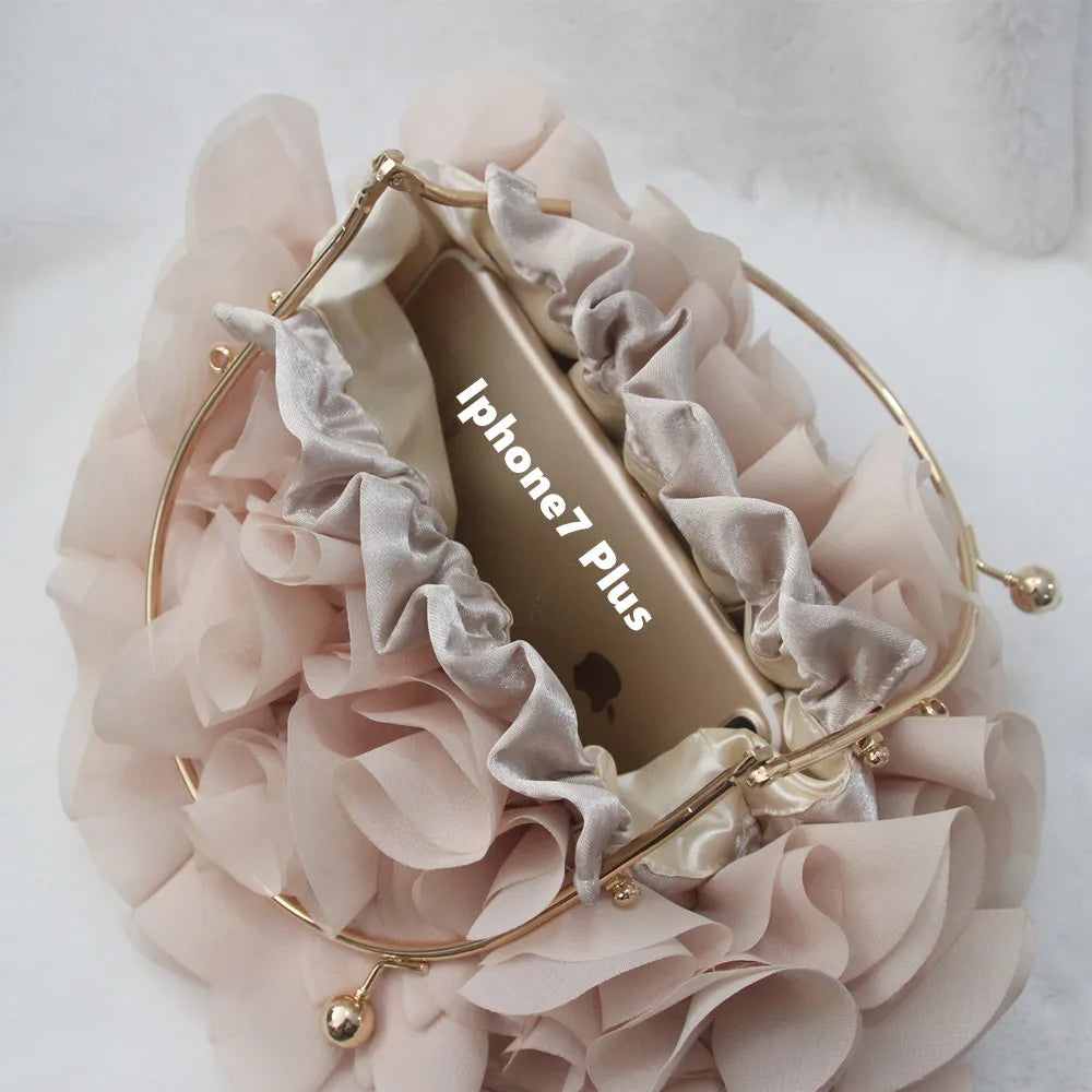 Luxury satin floral bride clutch bag by MC THE BLACK DIAMOND, small evening purse with chain strap, perfect for wedding or party occasions.