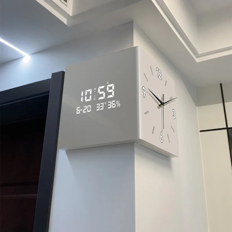 Modern double-sided electronic wall clock with perpetual calendar and corner design, by đđ đđđ đčđđđđ đ»đđđ
