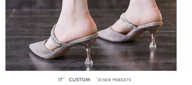 Women's Faionable f slip-on heels with thin square heels, blue fairy-like design, high-end PU material, two-way wear, brand Mohamed Collection.
