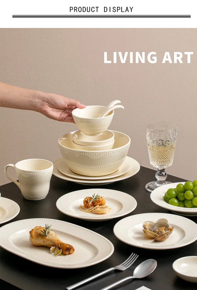 Modern minimalist ceramic round plate from MC The Black Diamonds, ideal for steak, fish, and dinner foods in kitchen dinnerware set.