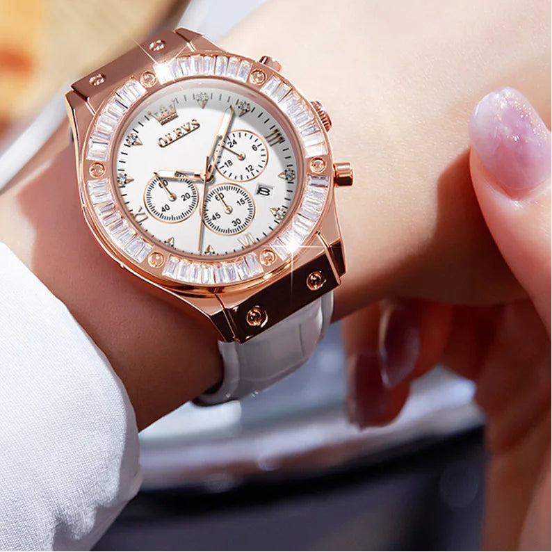 Elegant women's leather strap watch by Mohamad Collection with diamond bezel, waterproof quartz chronograph, and classic design.