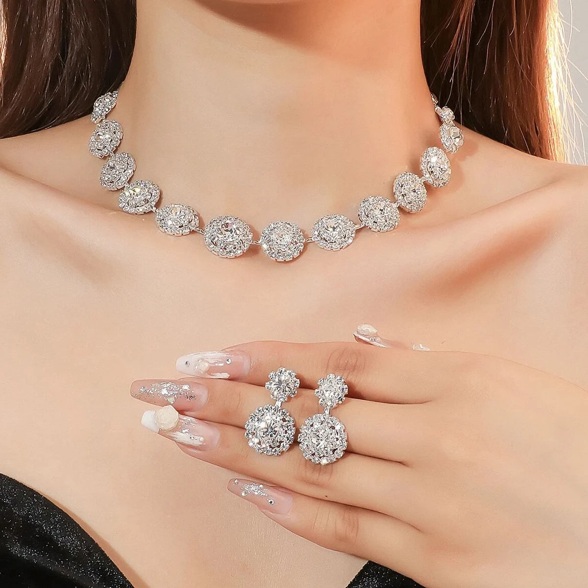 Set of three women's jewelry including rhinestone earrings and necklace by 𝕄𝕔 𝕋𝕙𝕖 𝔹𝕝𝕒𝕔𝕜 𝔻𝕚𝕒𝕞�